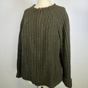 Vintage SKYR Green Knit Ribbed Wool Sweater Cardigan Large Zip Up Nordic Granny